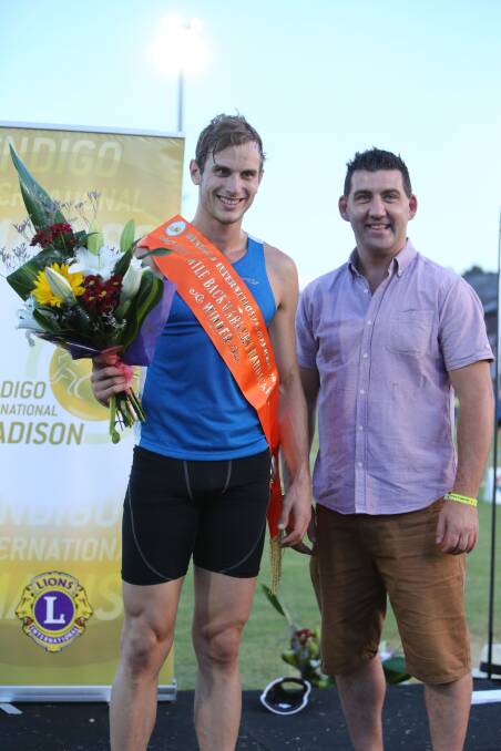 Cameron Clayton and WIN Television's Bendigo manager Scott Hosking at the presentation for the backmarkers mile. 