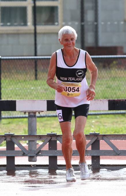 New Zealand's Clasina Van Der Veeken put in a superb effort to strike gold in the 80-84 years 2km steeplechase. Picture: LIZ FLEMING