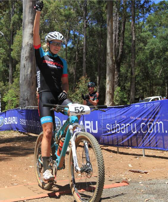 VICTORY: Peta Mullens wins leg two of the national mountain bike series raced in Pemberton, Western Australia. Picture: Russell Baker 