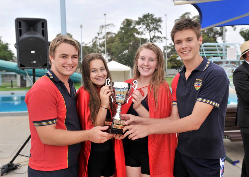 NUMBER ONE: Frew House captains Matthew Keech, Emma Buttolph, Claudia Crawford and Jarrod Tyndall. Frew won the battle for house honours from Jenkin, Aherne, Millward, Riley and Jones. 