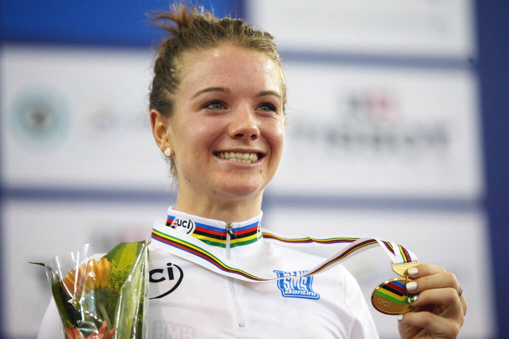 GOLD: Tasmania's Amy Cure won the women's points score at the world track cycling titles in Colombia. Cure will race in Saturday night's women's madison in Bendigo. Picture: GETTY 