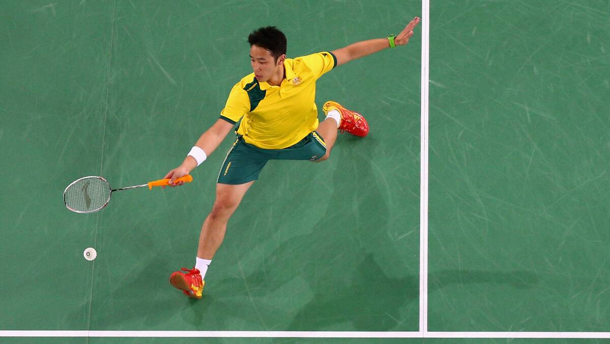 Jeff Tho lunges to play a forehand return on day two of the badminton action at the Glasgow Commonwealth Games. Picture: GETTY 