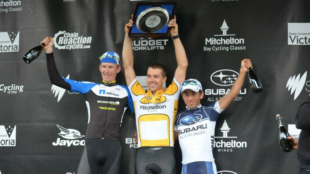 SERIES STARS: Zak Dempster, Brenton Jones and Caleb Ewan were the top three in the Mitchleton Wines-backed Bay criterium series. Picture CycleSport Victoria.