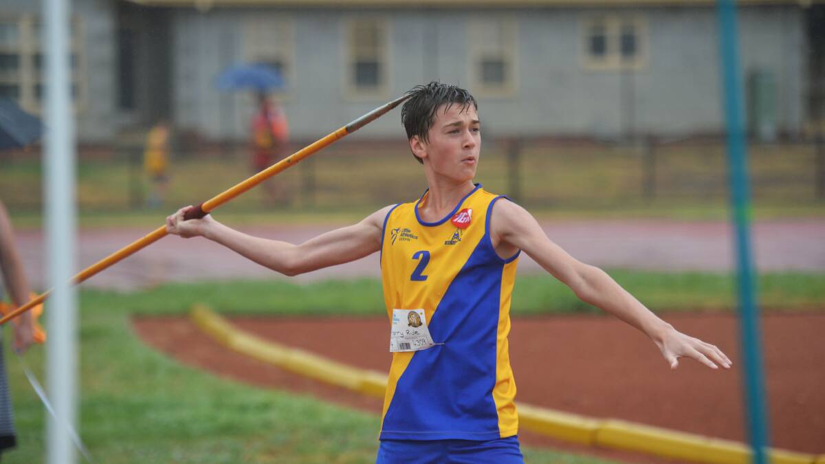 Harry Rule winds up to throw the javelin in the under-14s competition at LUBAC in Flora Hill. 