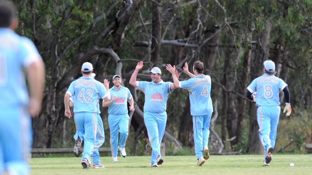 GREAT PLAY: Adrian Pappin, centre, is congratulated by Strathdale-Maristians team-mates after a run out in Tuesday night's Twenty20 clash with White Hills at Bell Oval. Picture: JODIE DONNELLAN