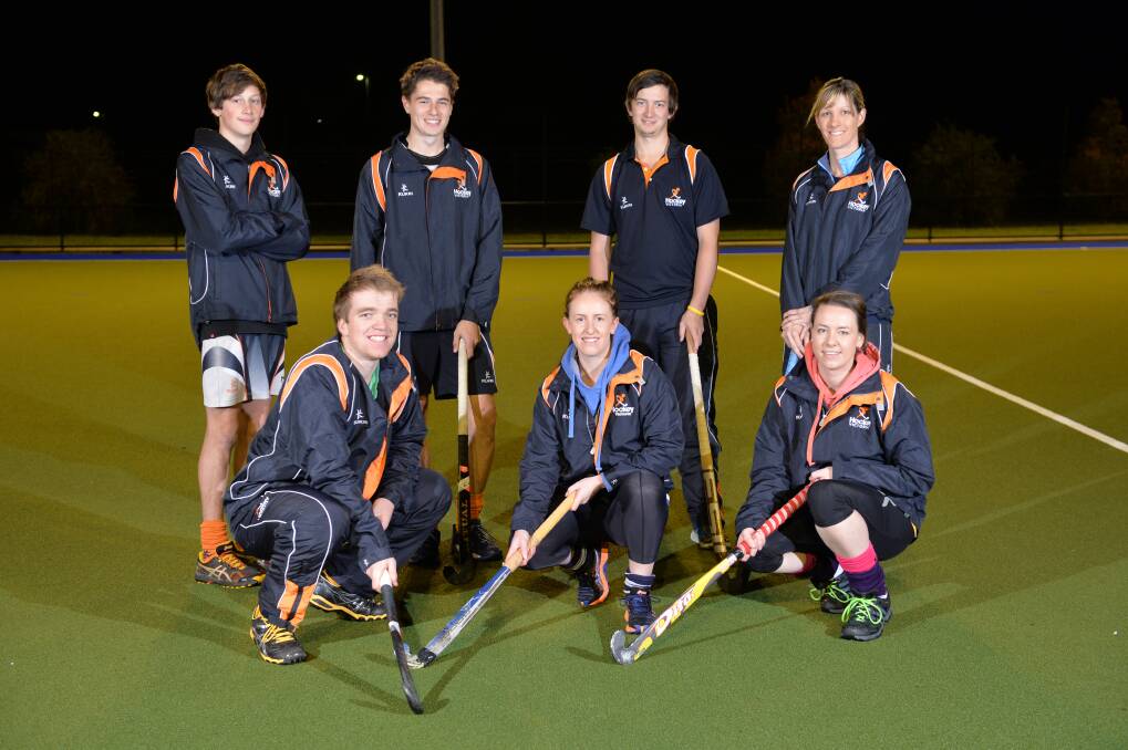 BOUND FOR NATIONALS: Bendigo's hockey stars in the Victoria Country squads at Hockey Central Victoria headquarters in Ironbark. Back: Zach Lahn, Toby Anderson, Jarrod Lougoon and Tracey Johnson. Front: Craig Conn, Jade Deppeler and Caroline Arden. Picture: BRENDAN McCARTHY