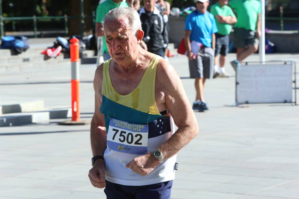 WALK ON: Ian Beaumont contests the 75-79 years division of the 10km walk at the Oceania Masters athletics titles in Bendigo.  