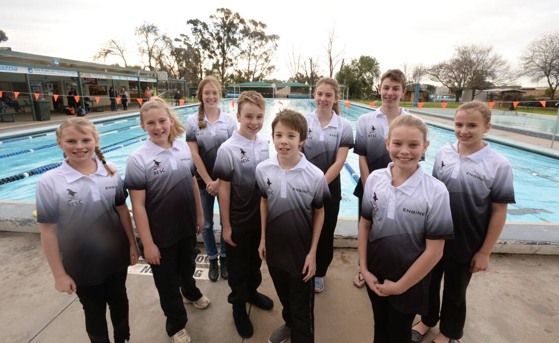 BY THE POOL: Bendigo East Swimming Club’s young stars who will race at this weekend’s short-course championships at Melbourne Sports and Aquatic Centre. Back: Kate Jordan, Matthew Slot, Kiara Verbeek. Front: Imogen Wassing, Maggie Skewes, Xavier Dole, Cameron Jordan, Ella Wassing and Sophie Waller. Absent: Carmen Franz. Picture: JIM ALDERSEY
