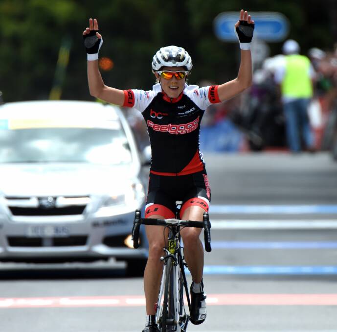 VICTORY: An ecstatic Rachel Neylan takes out the inaugural women's elite Cadel Evans Great Ocean Road Race. Picture: Con Chronis 