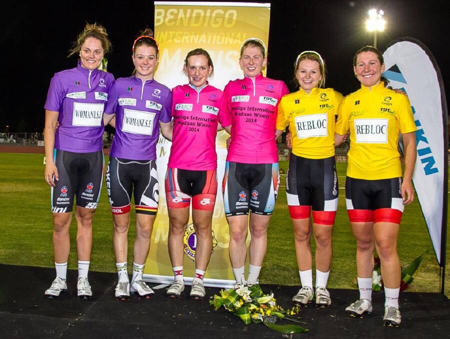 TOP THREE: Placegetters in the women's madison Ashlee Ankudinoff and Amy Cure, Jess Mundy and Bella King, Tayla Evans and Lauretta Hanson. Picture: dionjelbartphotography
