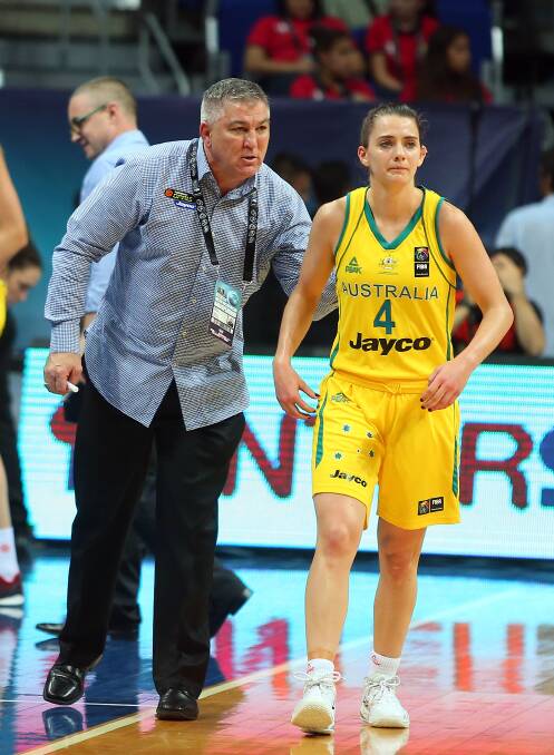 ENCOURAGING WORDS: Australia Opals coach Brendan Joyce and Bendigo Spirit's young gun Tessa Lavey at the world women's basketball championships in Turkey. Picture: GETTY 