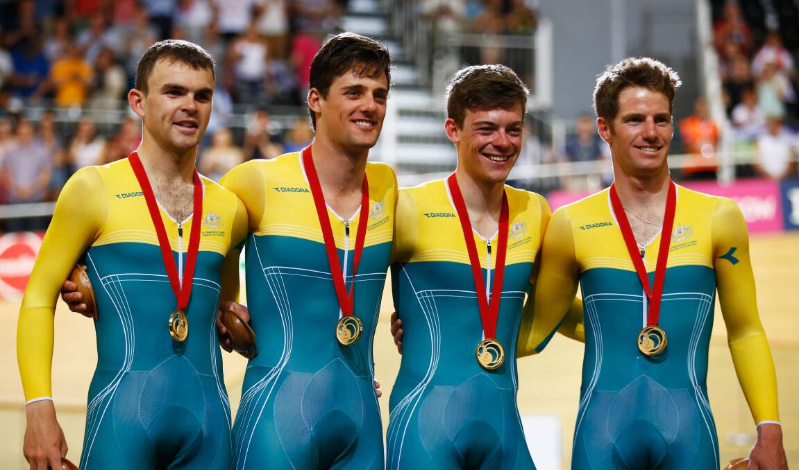 GOLD: Australia's Jack Bobridge, Luke Davison, Alex Edmondson and Glenn O'Shea joined forces to win the teams pursuit at the 2014 Glasgow Commonwealth Games. Picture: GETTY 