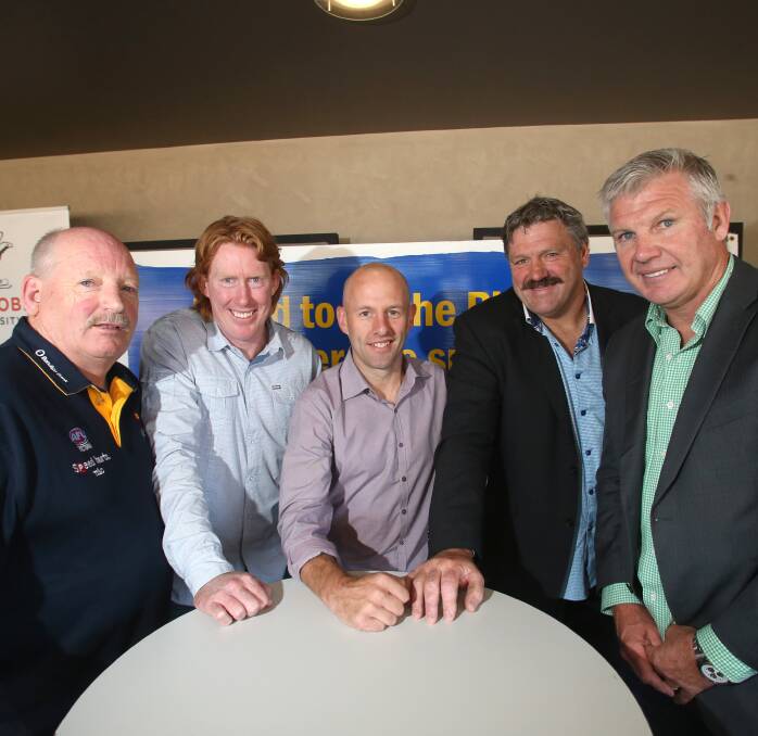 Bendigo Pioneers regional manager Ray Byrne, Geelong triple premiership player Cameron Ling, Pioneers coach David Newett, former Richmond and Collingwood full-forward and now popular commentator Brian Taylor, and former St Kilda player and Richmond coach Danny Frawley. Picture: GLENN DANIELS.