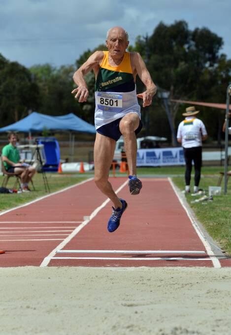 THAT'S RAD: Australia's Rad Leovic contests the long jump leg in the 85-89 years decathlon at the Oceania Masters athletics championships in Bendigo. Picture: BRENDAN McCARTHY 