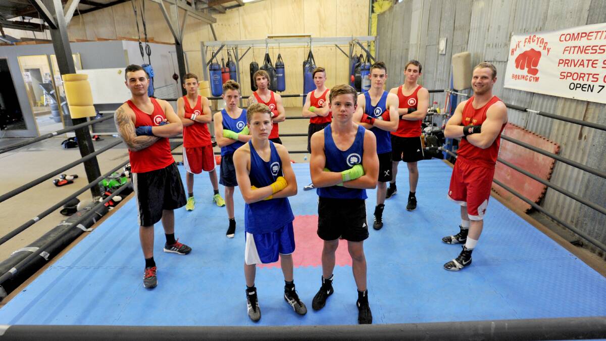 READY TO RUMBLE: Hit Factory's squad inthe ring at the Allingham Street gym. Back: Jye Caldwell, Sam Walter, Tom Fitzgerald, Jake Brand. Middle: Ezra White, Sheldon Burke, Jordy Garland, Mitch Smith. Front: Tully Scanlon, Lachie Johnson. Pictures: JODIE DONNELLAN