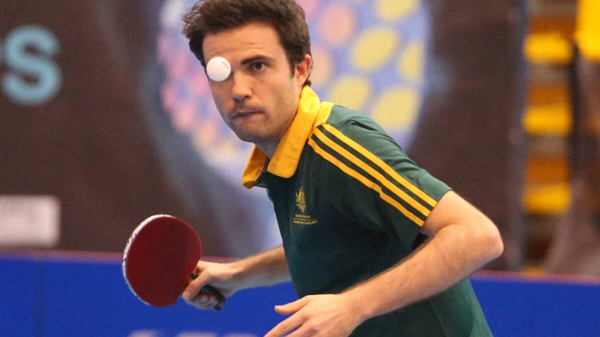 FOCUSED: William Henzell eyes the ball during a rally in Monday night's singles final at the Oceania table tennis championships at Bendigo Stadium. Picture: GLENN DANIELS  