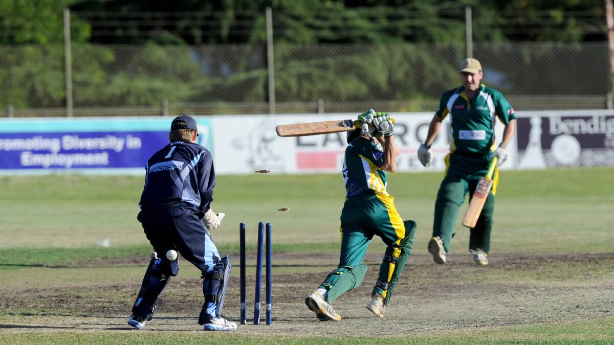 GONE: Kangaroo Flat's Chris Barber is bowled. Picture: JODIE DONNELLAN