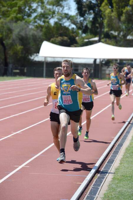 SETTING THE PACE: Peter Rice leads Andy Buchanan in last Saturday's 1500m at Athletics Bendigo's track and field meet at the La Trobe University Bendigo athletics complex in Flora Hill. Picture: JIM ALDERSEY
