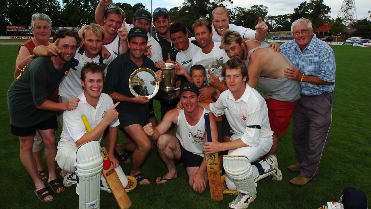 Castlemaine celebrates after winning the Neil Pollock Memorial Shield as division one champions at Bendigo Country Cricket Week in 2006. 