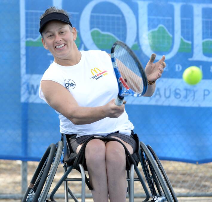 FOREHAND DRIVE: Wheelchair tennis champion Daniela Di Toro returns serve at the Bendigo Bank tennis complex.  Picture: GLENN DANIELS