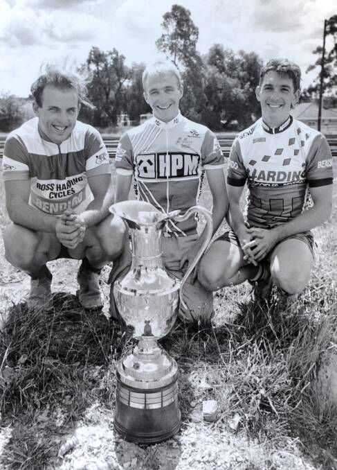 YOUNG GUNS: Luke Arnott, Jamie Harrington and Ashley Harding with the Golden Mile trophy in the lead-up to the 1994 Bendigo Madison carnival. 
