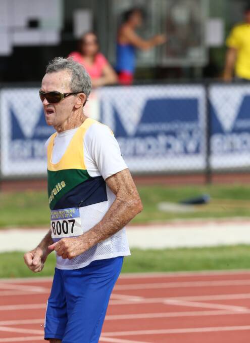 Colin Silcock-Delaney races around the Flora Hill track on the final day of track and field competition at the Oceania Masters athletics titles in Bendigo. Picture: LIZ FLEMING 
