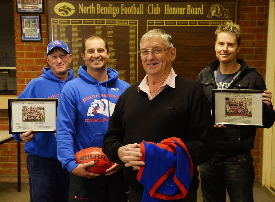 CARN BULLDOGS: North Bendigo Football Netball Club president Jamie Campbell, co-coach of this year’s senior team Rob Bennett,  ’74 premiership coach Ralph Conboy and joint co-ordinator of this weekend’s event Scott Pysing in the Atkins Street social rooms. Picture: BRENDAN McCARTHY