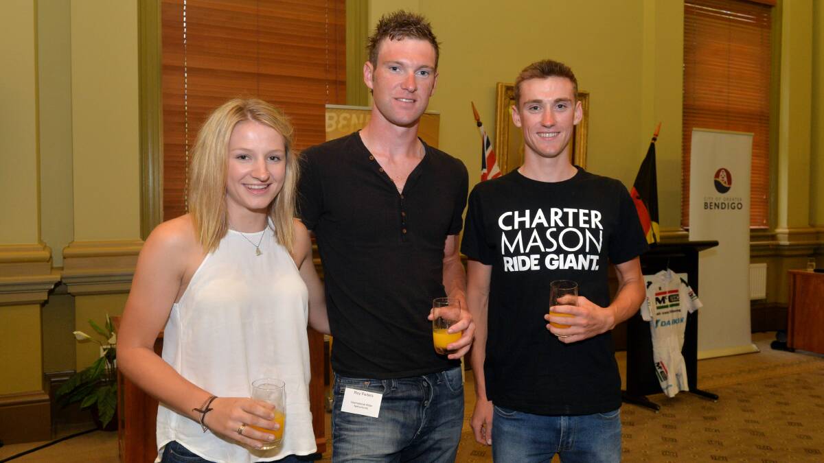 Cycling stars Tayla Evans, Roy Pieters and Sam Crome at the Bendigo International Madison welcome function at Bendigo Town Hall. 