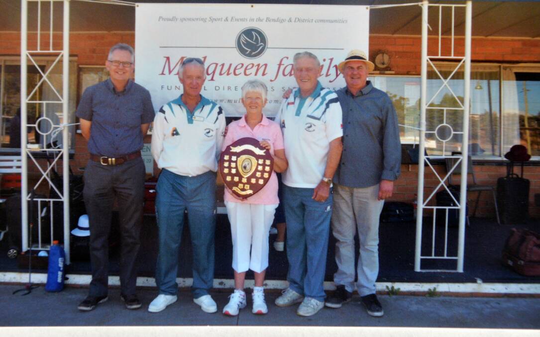 VICTORIOUS: Peter Mulqueen, Rod Pearce, Ruth and Ian Cail, and Mark Mulqueen after the White Hills Bowls Club's triples classic. Picture: CONTRIBUTED