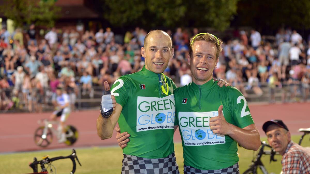 NUMBER ONE: Christian Grassman and Leif Lampater after winning this year's Bendigo International Madison. Picture: BRENDAN McCARTHY
