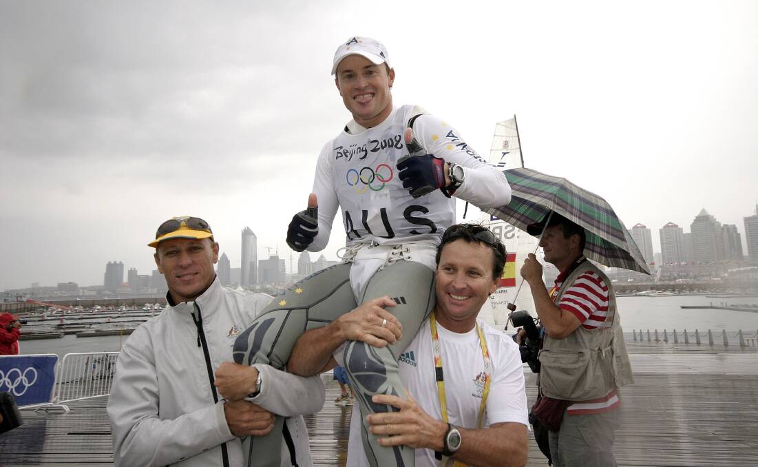 Glenn Ashby is carried by team-mates after winning silver at the 2008 Beijing Olympic Games. Picture: GETTY 