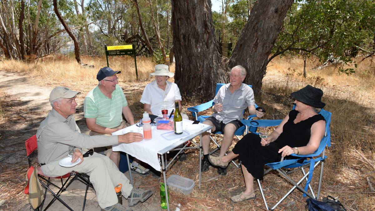 PICNIC: Rod Orr, Terry Ingram, Jan Orr, Graeme Reed and Lucy Reed enjoy some light refreshments before the tour goes past on Mount Alexander. Picture: JIM ALDERSEY
