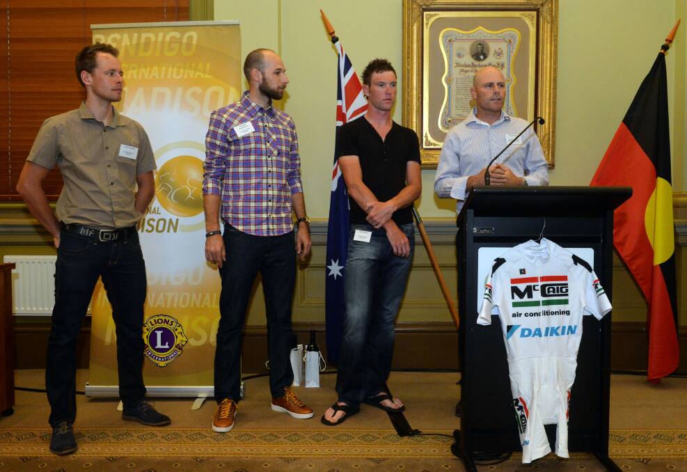 Germany's Leif Lampater and Christian Grassman, Netherlands cycling ace Roy Pieters and Bendigo International Madison CEO Rik McCaig at the carnival's welcome function at Bendigo Town Hall. Picture: BRENDAN McCARTHY