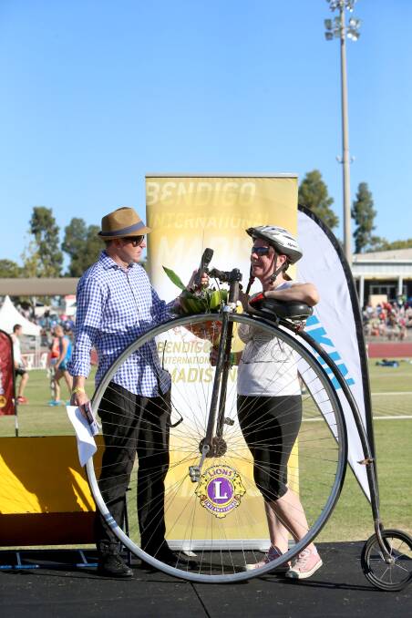 Tjhe aptly-named Audrey Farthing won the Penny Farthing race over four laps at the Bendigo International Madison carnival. 