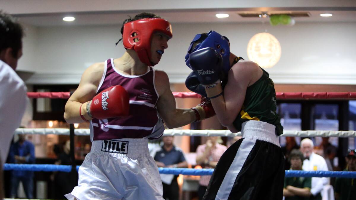 BODY SHOT: Queensland's Luke Humphries strikes Tasmania's Brodie Gregson in the junior 60kg final at the Australian Amateur Boxing League national championships in Bendigo. Picture: LIZ FLEMING