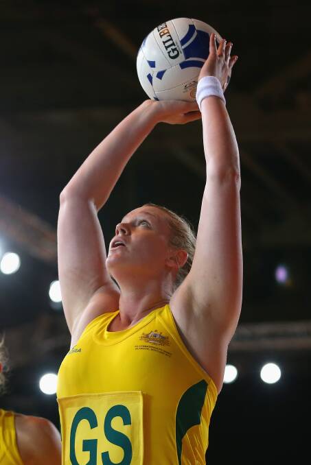 FOCUSED: Caitlin Thwaites aims for goal in Australia's victory against South Africa at the Glasgow Commonwealth Games. Picture: GETTY 