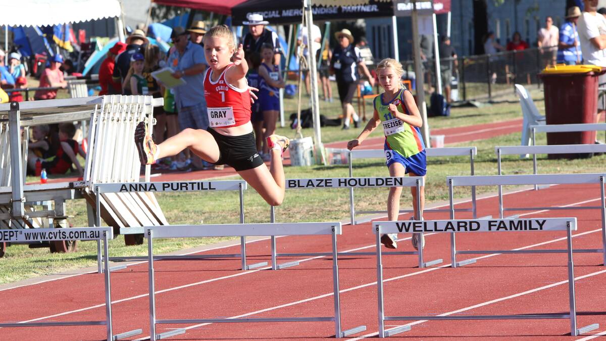 UP AND OVER: Corio's Kelsea Gray contests the 80m hurdles in the under-10 girls pentathlon. Picture: PETER WEAVING 