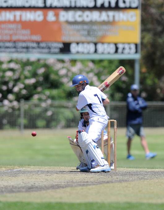 Fergus O'Neill prepares to play a cut shot in his innings for Victoria against New South Wales at Eaglehawk's Canterbury Park. Picture: JODIE DONNELLAN
