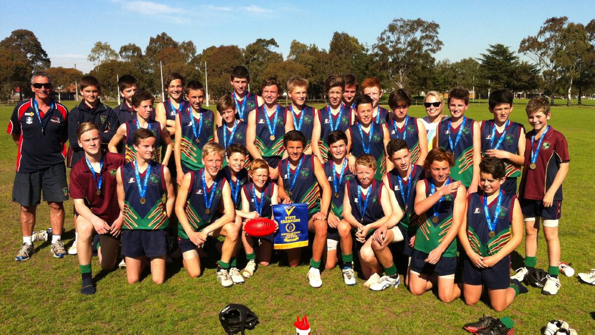 NUMBER ONE: Catholic College Bendigo's year 8 boys' football team after winning the SSV state final. Picture: CONTRIBUTED 