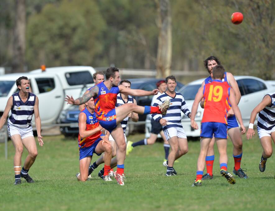 KEY PLAYER: Zac Boyer snaps for goal in Marong's win against YCW. Picture: GLENN DANIELS