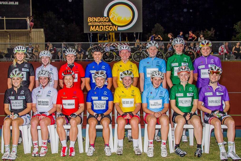 READY TO RACE: The field for the R.A.C.E and TDT Training-backed women's madison at the Bendigo International Madison carnival. Back: Josie Talbot, Dani McKinnery, Rebecca Williamson, Marquessa Jelbart, Lauretta Hanson, Bella King, Sarah Mortley and Ashlee Ankudinoff. Front: Macey Stewart, Alex Manly, Lisa Hanley, Imogen Jelbart, Jess Mundy, Rachael Swain and Amy Cure. Picture: dionjelbartphotography
