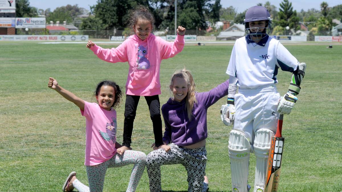 Selena, 9, and Sriyani Bandara, 6 with Katie Setori, 11 were at Eaglehawk's Canterbury Park to cheer on Victoria's vice-captain Dominic Bandara. The Vics beat New South Wales in the round three match. Picture: JODIE DONNELLAN 
