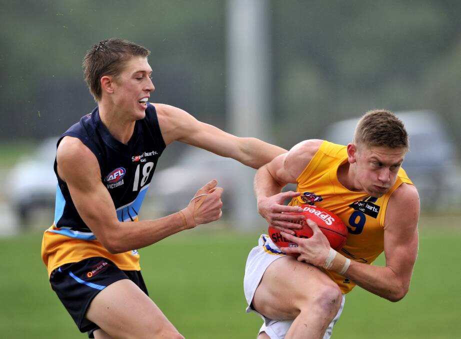 Harry Conway from the Bendigo Pioneers takes on Jayden Leverde from Western Jets. Picture: JODIE DONNELLAN