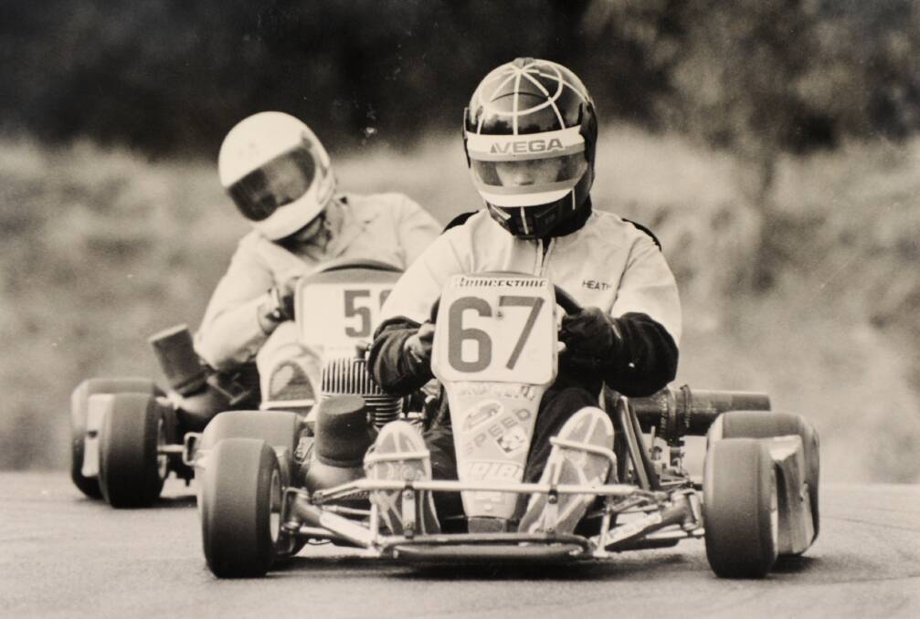 Heath Jelbart leads Anthony Nankervis as they race around the Bendigo Go-Kart Club 's circuit in Marong Road, West Bendigo. 