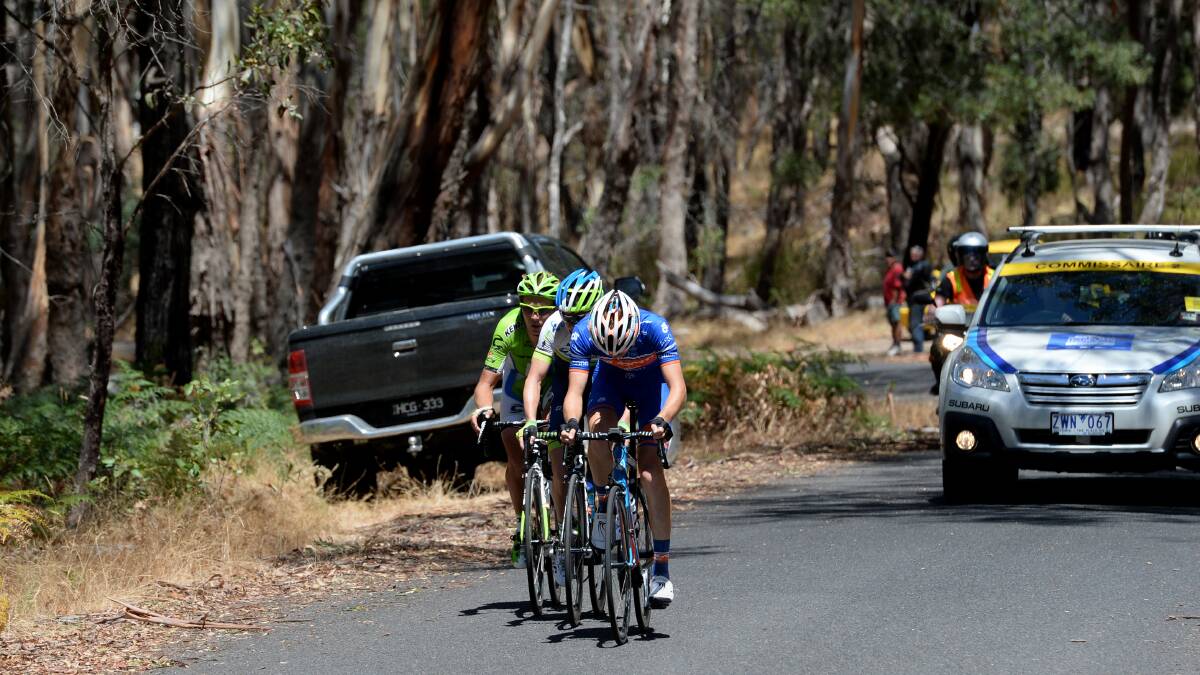ATTACK: Jack Haig leads Simon Clarke and Cameron Wurf on the climb at Mount Alexander. Picture: JIM ALDERSEY