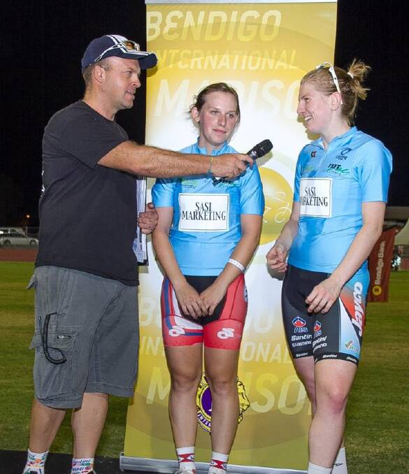 Jess Mundy and Bella King talk to race commentator Rick McIntosh after their victory in the R.A.C.E. and TDT Training women's madison at the Bendigo International Madison carnival. Picture: dionjelbartphotogrpahy
