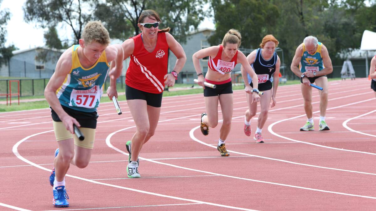 RACING: Athletes at the start of a relay during this season's Athletics Bendigo track and field competition at LUBAC in Flora Hill. 