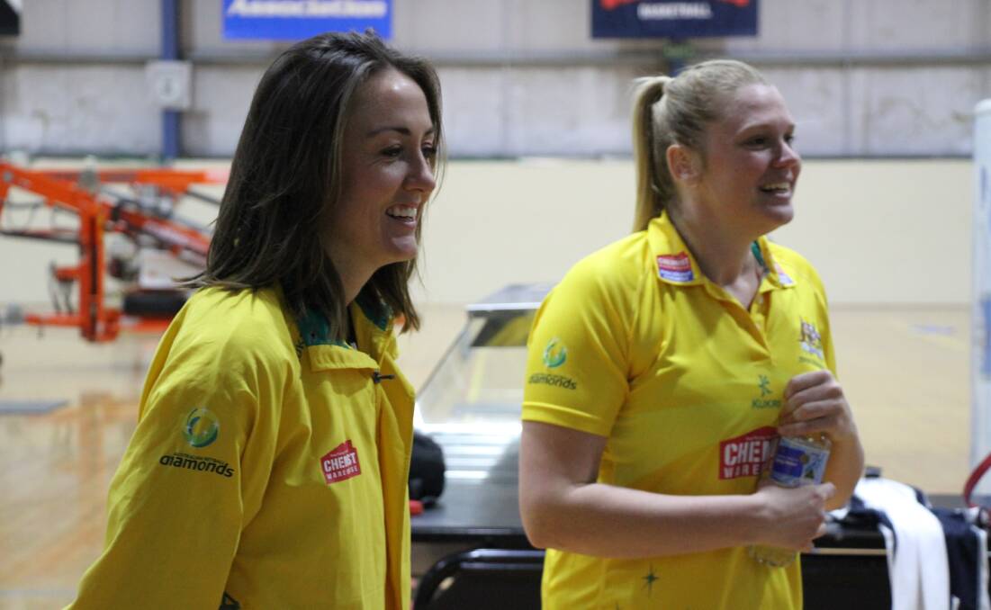 Australian Diamonds coach Lisa Alexander and players Caitlin Thwaites and Rebecca Bulley speak to Bendigo Bank Academy of Sport netball athletes after the Test against England.