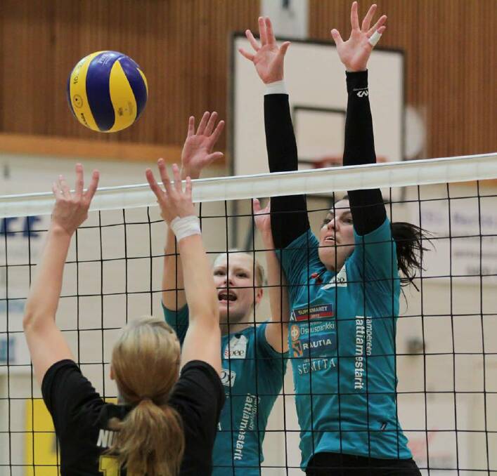 BLOCK: Eliza Karley Hynes, right, keeps her eye on the ball for OrPo. Picture: JYRI KIVIMAKI, from OrPo's Facebook page. 