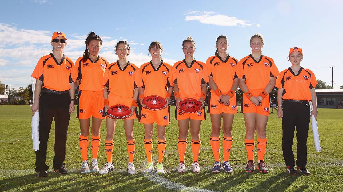 L-R: The all-female umpiring panel, from left: Kate Griffiths (goal), Shannessy Adams (boundary), Lucinda Lopes (central), Libby Toovey (central), Eleni Glouftsis (central), Bronte Annand (boundary), Greta Miller (boundary) and Kirsty Lord (goal). Picture: AFL VICTORIA